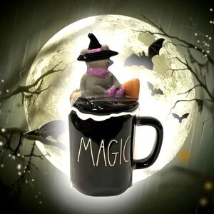 NWT Rae Dunn Halloween Gray Witch Kitty Topper On Black Magic Mug